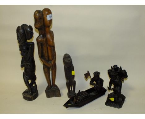 THREE WEST AFRICAN TRIBAL ART CARVED FIGURES AND TWO ASIAN FISHERMAN CARVINGS (5)