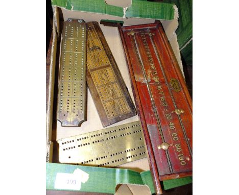 THREE VINTAGE CRIBBAGE BOARDS TOGETHER WITH A LAWSONS BILLIARDS SCORE BOARD