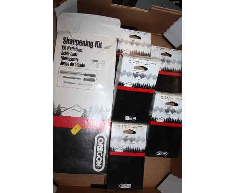 FIVE BOXED OREGON CHAINSAW CHAINS PLUS A SHARPENING KIT