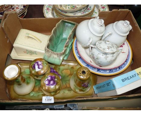 A box of mixed china to include a green floral dressing table set, Woods Ivory cheese dish, German rose dish, plates, orienta