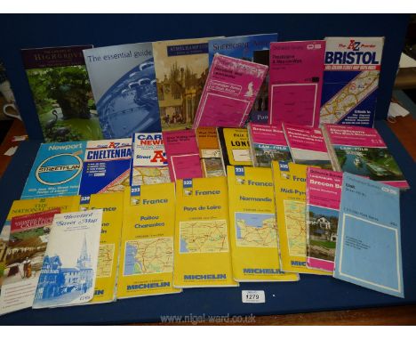 A quantity of Ordnance Survey maps including French, Wye Valley and Forest of Dean, some National Trust booklets etc.