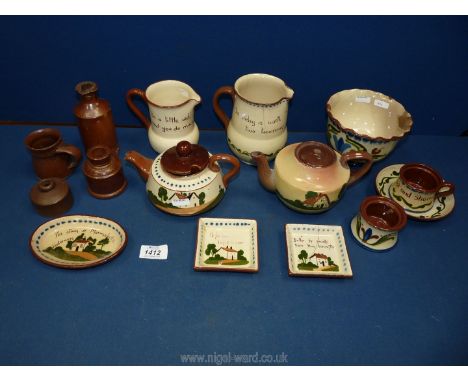 A quantity of Torquayware including pin dishes, teapot, jugs, plus small salt glaze jars etc. (mostly a/f)