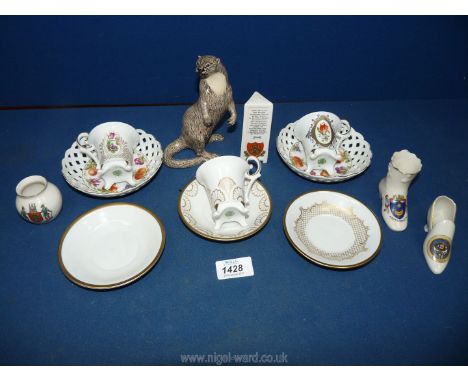 A small quantity of china including Heredities Otter figure,bonbon dishes, cabinet cups and saucers and Crested ware.