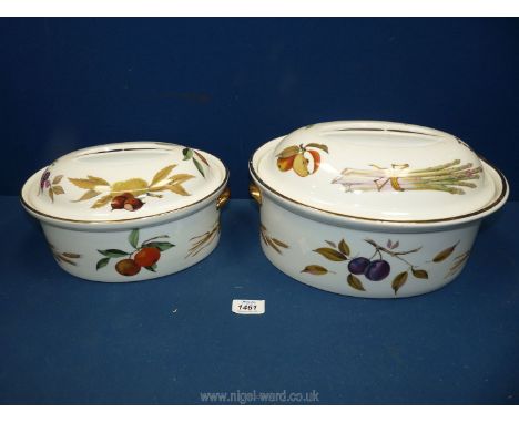 Two Royal Worcester Evesham gold casserole dishes; one large and one medium, (repaired).