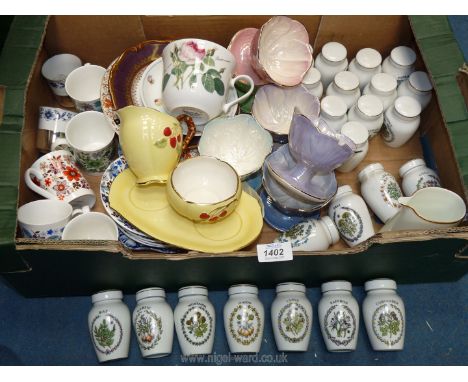 A quantity of mixed china to include ceramic herb pots, Maling multi coloured dessert dishes, six retro coffee cans, yellow R