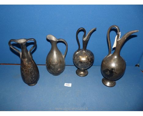 Four pieces of Gubbio ceramic ware in black finish and Greek style decoration, signed to the bases, one base a/f.