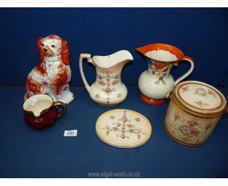 A quantity of china to include Flatback Spaniel, Crown Devon jug, biscuit barrel, Carltonware jug etc.