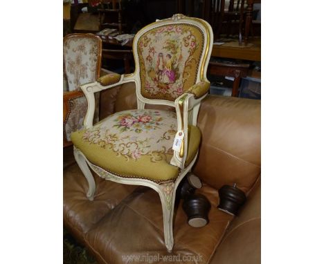 An elegant painted framed fauteuille/open armed elbow Chair having attractive floral tapestry upholstered seat, back and arm 