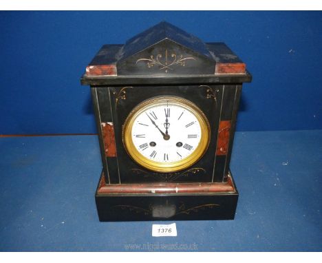 An elegant polished black stone and deep rose Marble mantel/bracket Clock having an enamelled white face with Roman numerals,