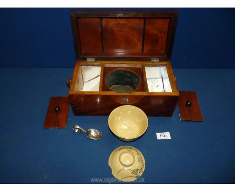 A Tea Caddy with marquetry bird decoration to lid containing two floral bowls, spoon, etc., some a/f, 12'' x 6'' x 5''.