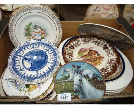 A quantity of display plates, meat plates etc. including Churchill Christmas, three Wedgwood Royal Commemorative (boxed), Roy