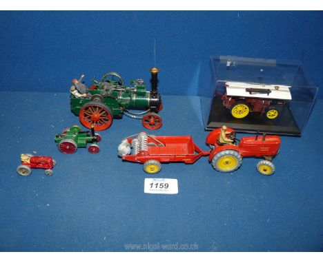 An Alchin model traction engine, Massey Harris red tractor and muck spreader, boxed Showman's engine plus two others.