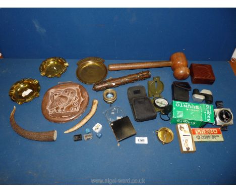 A small quantity of miscellanea including a large wooden gavel, 'Titbits' boxed playing cards, brass and copper scroll holder