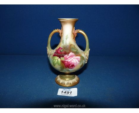 A Royal Worcester baluster shaped footed Vase with two handles decorated with pink roses with purple mark to base. 5 3/4" tal