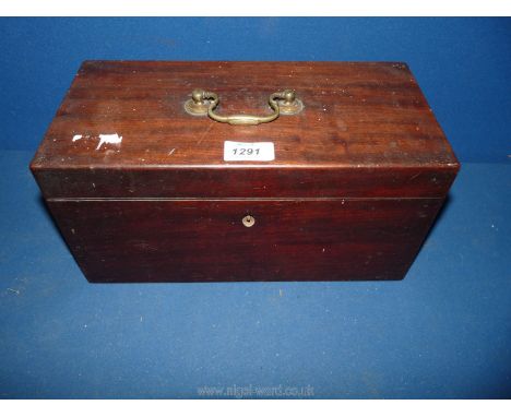 A wooden tea caddy with brass handle, no bowl, 13" x 6 1/2" x 6 1/4", no key.