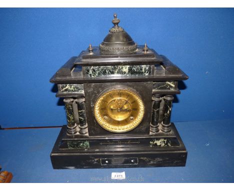 A very heavy and imposing polished black stone and marble Mantle CLock of architectural form having turned pillars and domed 