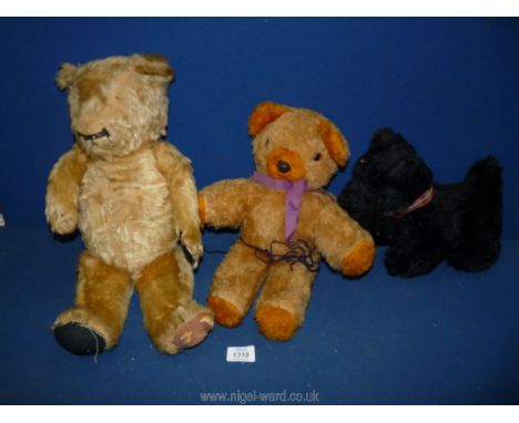 Three soft toys including a Chad Valley jointed bear, a/f, black Scottie dog etc.