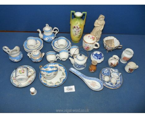 A small quantity of miniature tea sets, blue &amp; white Noritake, vase, small cups &amp; saucers, etc.