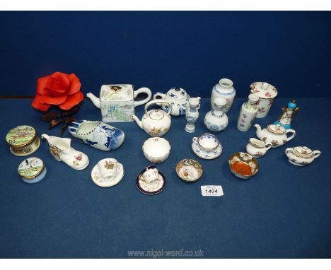 A quantity of miniature china items including Royal Crown Derby teapot, oriental style vases, Coalport teapot, jug and tureen