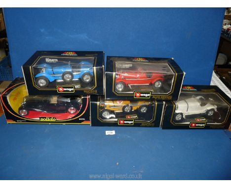 Five Burago boxed model cars, Alfa Romeo, Bugatti, Mercedes, etc.