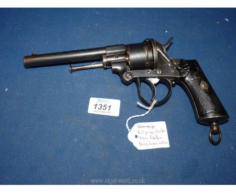 A Belgian proofed 9mm Pin fire drop-down six shot Revolver, having chequered ebony grips, polished trigger, hammer, ejector m