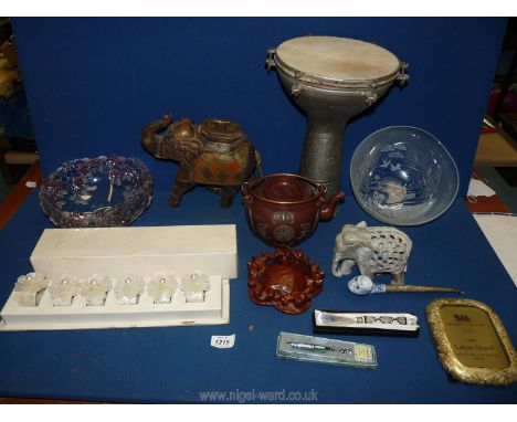 A quantity of miscellanea including mother of pearl serviette rings, soapstone elephant, oriental teapot, glass dishes etc.