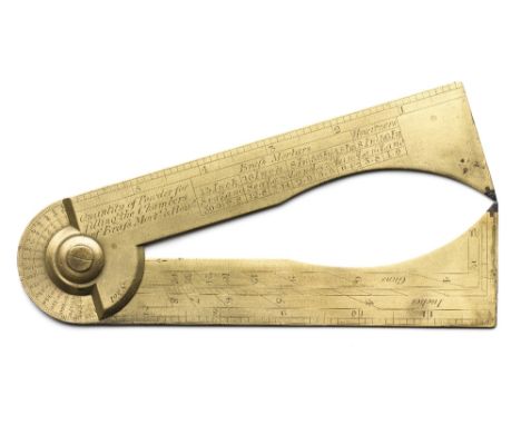 A RARE GUNNER'S FOLDING CALLIPER BY BERGE, LONDON, CIRCA 1800-08 of brass, comprising two symmetrical flat halves hinged at o