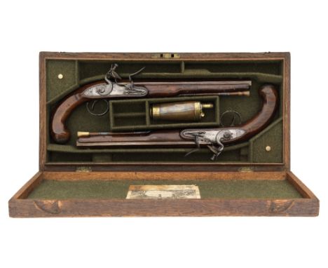 A CASED PAIR OF 22 BORE FLINTLOCK DUELLING PISTOLS BY HARVEY WALKLATE MORTIMER, CIRCA 1780 each with rebrowned twist octagona