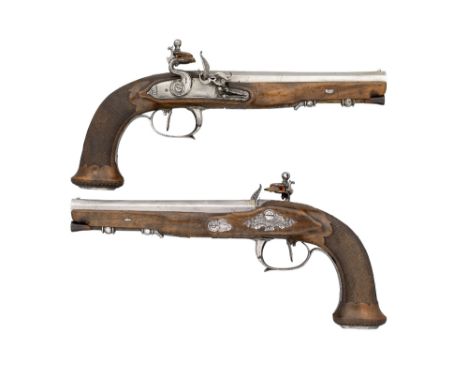 A PAIR OF 40 BORE FRENCH FLINTLOCK RIFLED OFFICER'S PISTOLS, EARLY 19TH CENTURY each with octagonal swamped sighted micro-gro