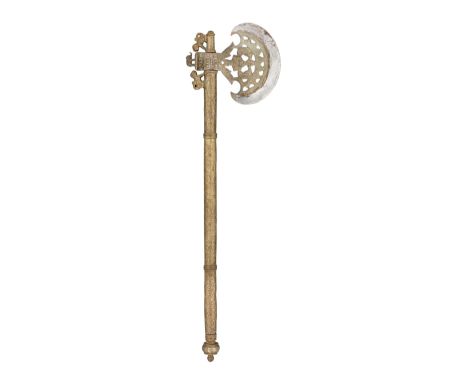 AN INDIAN AXE, 19TH CENTURY with crescentic head pierced, engraved and applied with silver with a symmetrical design of folia