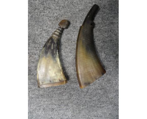 TWO COW HORN FLASKS, 19TH CENTURY AND 20TH CENTURY the first of flattened-oval section, the inner face engraved with cross ha