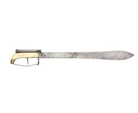 A BELGIAN COMBINED LARGE FOLDING KNIFE AND 140 BORE PERCUSSION PISTOL, LIÈGE PROOF MARKS, CIRCA 1860 with broad sprung single
