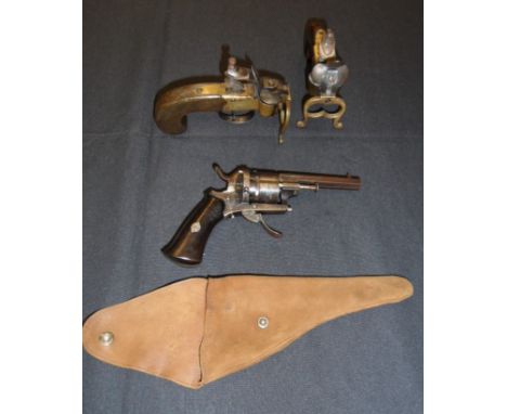 A BELGIAN PIN-FIRE REVOLVER, LIÈGE PROOF, CIRCA 1870 AND TWO FLINTLOCK TINDER LIGHTERS the first with octagonal sighted barre