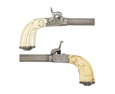 ˜TWO CONTINENTAL IVORY-MOUNTED PERCUSSION POCKET PISTOLS, MID-19TH CENTURY almost forming a pair, of 100 and 80 bore respecti