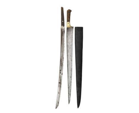 A JAPANESE SWORD (KATANA) AND AN AFGHAN KHYBER KNIFE, 19TH CENTURY the first with slightly curved single-edged blade (rusted)