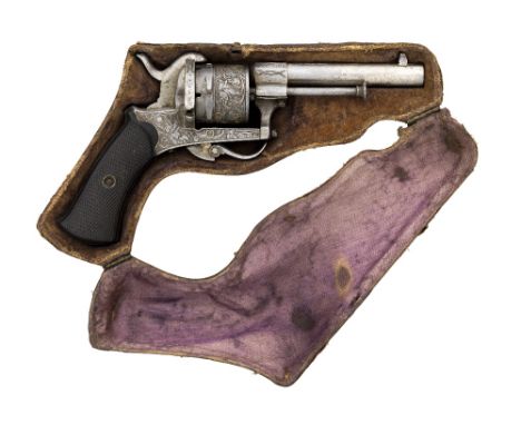 A CASED 8MM PIN-FIRE REVOLVER, LIÈGE PROOF, CIRCA 1870 with sighted barrel engraved with a flourish over the breech, engraved