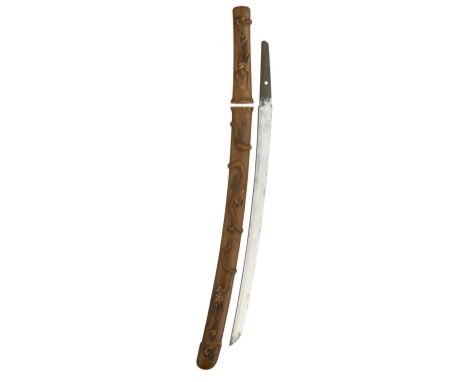 A JAPANESE SHORT SWORD (WAKIZASHI) with curved single-edged blade, tang pierced with a single mekugi-ana and signed (worn), c