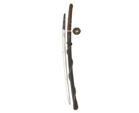 A JAPANESE SWORD (KATANA) with curved single-edged blade with straight hamon (small areas of pitting), chiselled over the bac