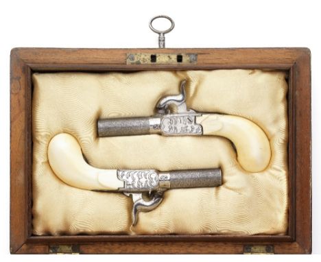 ˜A CASED PAIR OF 120 BORE BELGIAN IVORY-MOUNTED PERCUSSION POCKET PISTOLS, LIÈGE PROOF, MID-19TH CENTURY with turn-off etched