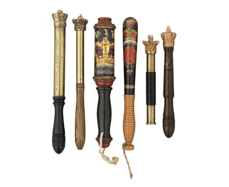 A VICTORIAN PAINTED TIPSTAFF FOR THE CITY POLICE AND ANOTHER PAINTED TIPSTAFF  each of turned hardwood and painted in polychr