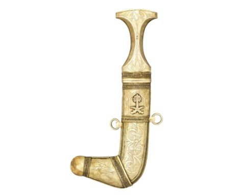 A SILVER GILT-MOUNTED ARAB DAGGER (JAMBIYA), 20TH CENTURY with curved double-edged blade, silver gilt-hilt engraved with foli