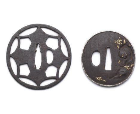 TWO JAPANESE SWORD GUARDS (TSUBA) of iron, each with kozuka hitsu-ana, the first with silver fukurin in imitation of bamboo, 