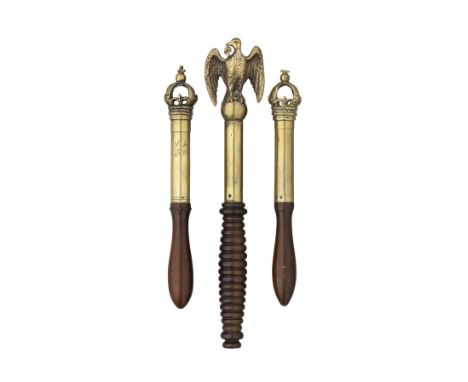 THREE BRASS-MOUNTED TIPSTAVES, 19TH CENTURY the first with brass body engraved 'C4 13W', openwork crown finial and turned woo
