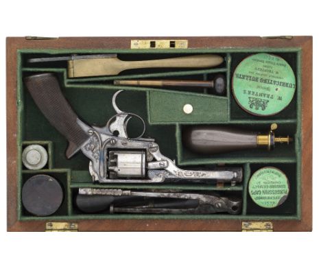 A CASED 120 BORE TRANTER PATENT FIRST MODEL SELF-COCKING FIVE-SHOT PERCUSSION REVOLVER, BIRMINGHAM PROOF MARKS, NO. 8368T, CI