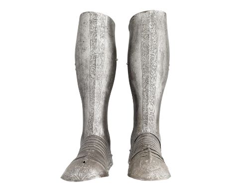 A PAIR OF ETCHED GREAVES AND SABATONS IN THE SOUTH GERMAN STYLE OF THE THIRD QUARTER OF THE 16TH CENTURY, LATE 19TH CENTURY  