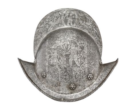 A GERMAN COMB-MORION, NUREMBERG, CIRCA 1580, WITH LATER ETCHED DECORATION formed in one piece with a hemispherical crown risi