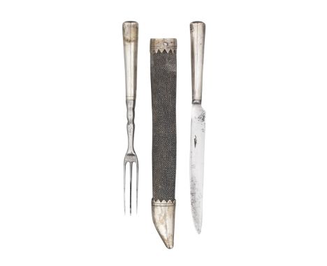 A CONTINENTAL SMALL SILVER-MOUNTED TROUSSE, LATE 18TH/19TH CENTURY comprising three-pronged fork and knife, each with silver 