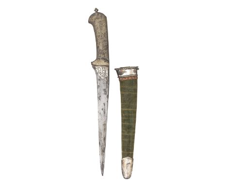 AN INDO-PERSIAN DAGGER (PESHKABZ) with tapering reinforced blade decorated with silver flowers and foliage at the forte (rubb