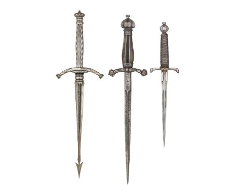 A SMALL LEFT-HAND DAGGER, EARLY 17TH CENTURY with slender fullered blade of flattened -diamond section, rectangular ricasso p