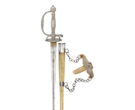 A FRENCH SILVER-HILTED SMALL-SWORD, CIRCA 1770 with colichemarde blade, etched and gilt with trophies and scrolls at the fort